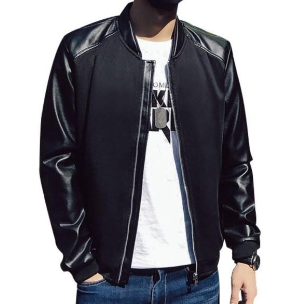 Mens Short Jacket with PU Leather Sleeves