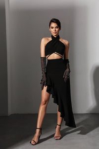Viclans Asymmetric Ruffle Midi Black Dress with Drawstring Waist