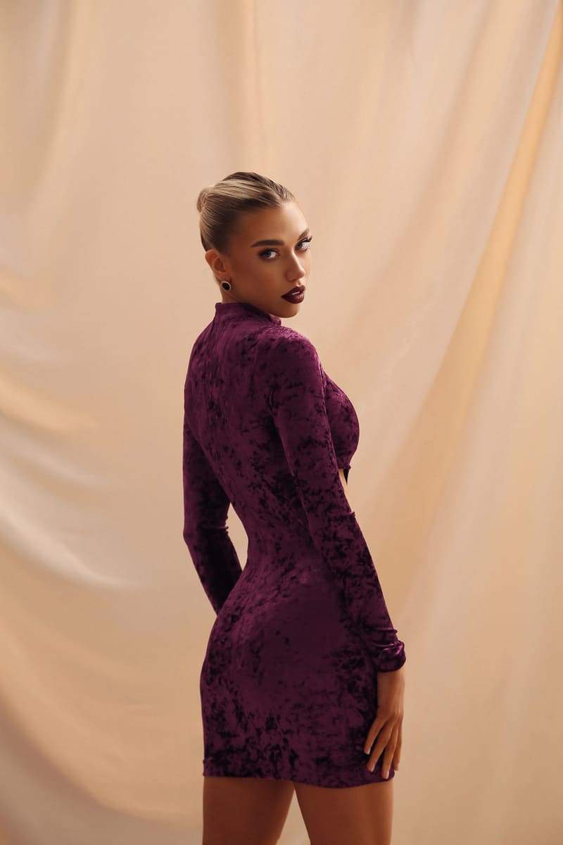 Viclans Stand-Up Collar Velvet Purple Dress with Side Cut