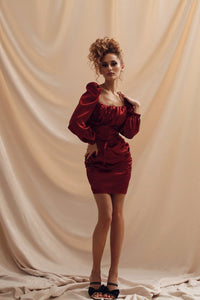 Viclans Draped Satin Mini Red Dress with Lace-up Waist