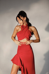 Viclans Asymmetric Ruffle Midi Red Dress with Drawstring Waist