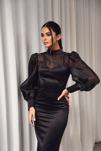 Satin Bodycon Dress with Organza Sleeves Black-baagr.myshopify.com-dress.-BOJONI