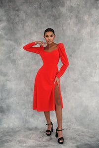 Polka Dot Midi Dress with Lantern Sleeves and Slit Red-baagr.myshopify.com-dress.-BOJONI