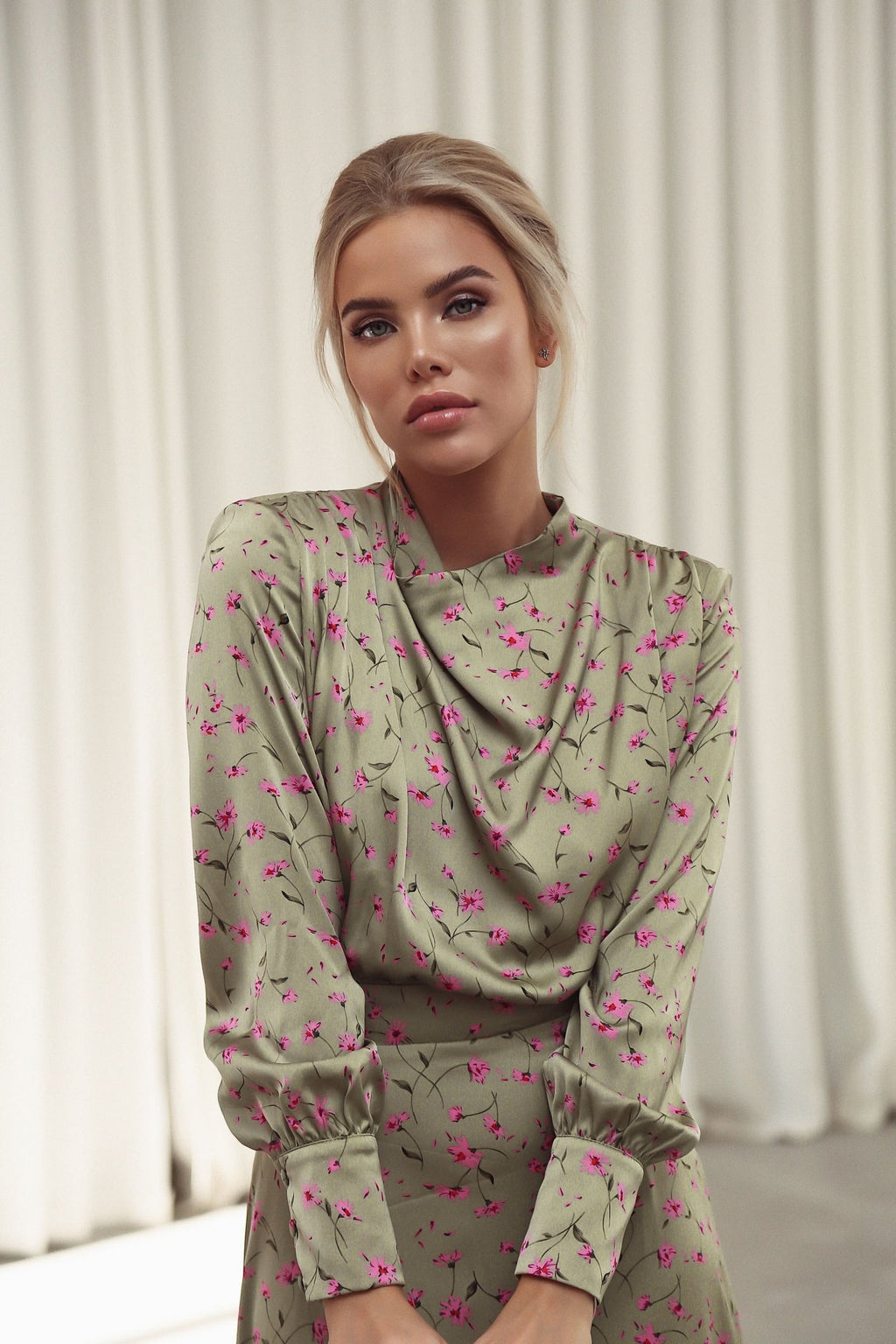 Midi Dress with Shoulder Pads Khaki-baagr.myshopify.com-dress.-BOJONI