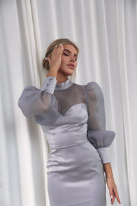 Satin Bodycon Dress with Organza Sleeves Gray-baagr.myshopify.com-dress.-BOJONI