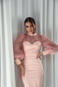 Satin Bodycon Dress with Organza Sleeves Pink-baagr.myshopify.com-dress.-BOJONI