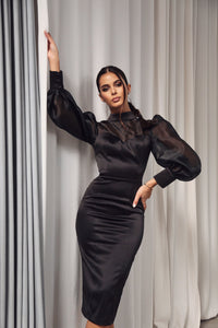 Satin Bodycon Dress with Organza Sleeves Black-baagr.myshopify.com-dress.-BOJONI
