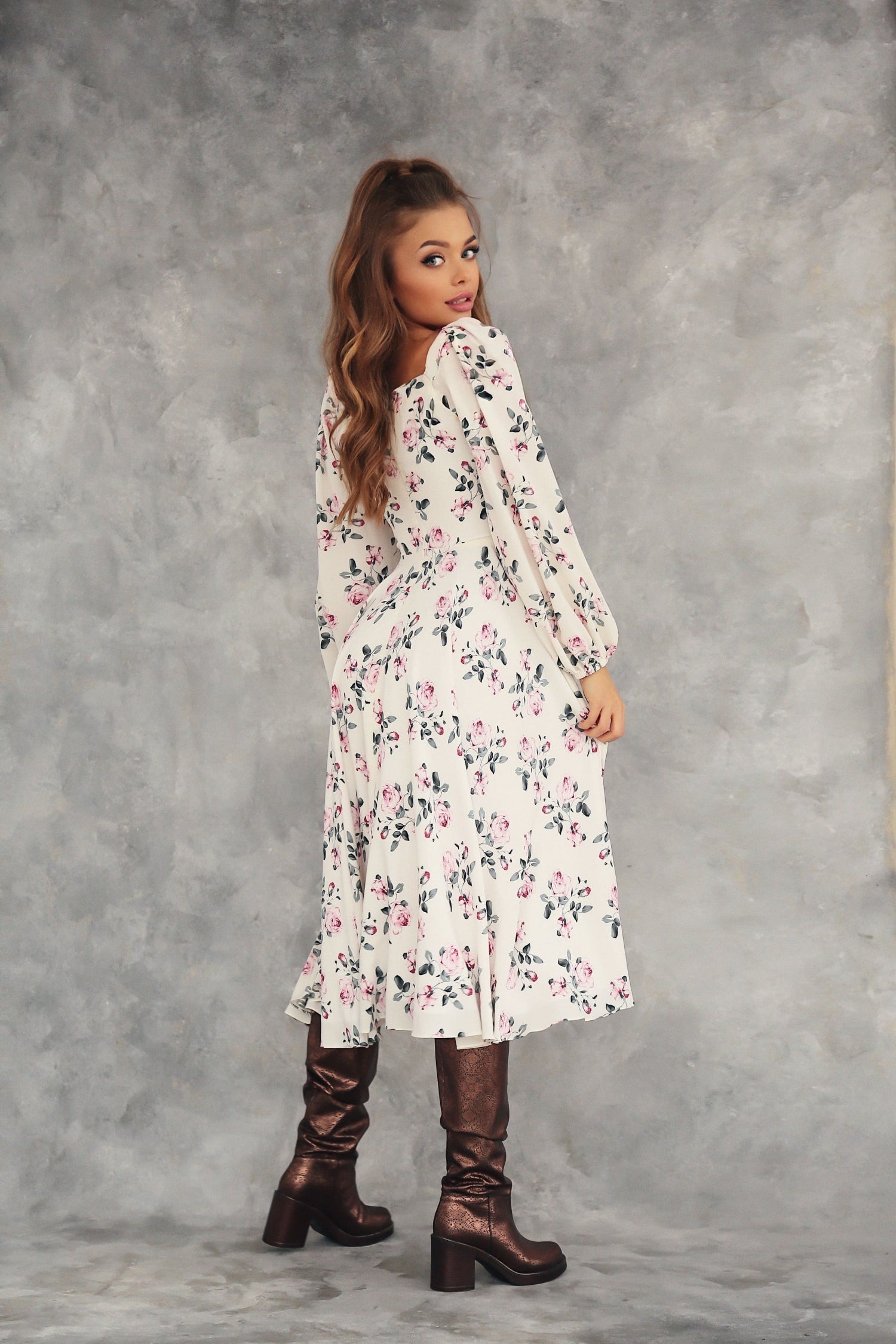 Floral Puff Sleeve Midi Dress-baagr.myshopify.com-dress.-BOJONI