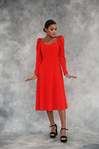 Polka Dot Midi Dress with Lantern Sleeves and Slit Red-baagr.myshopify.com-dress.-BOJONI