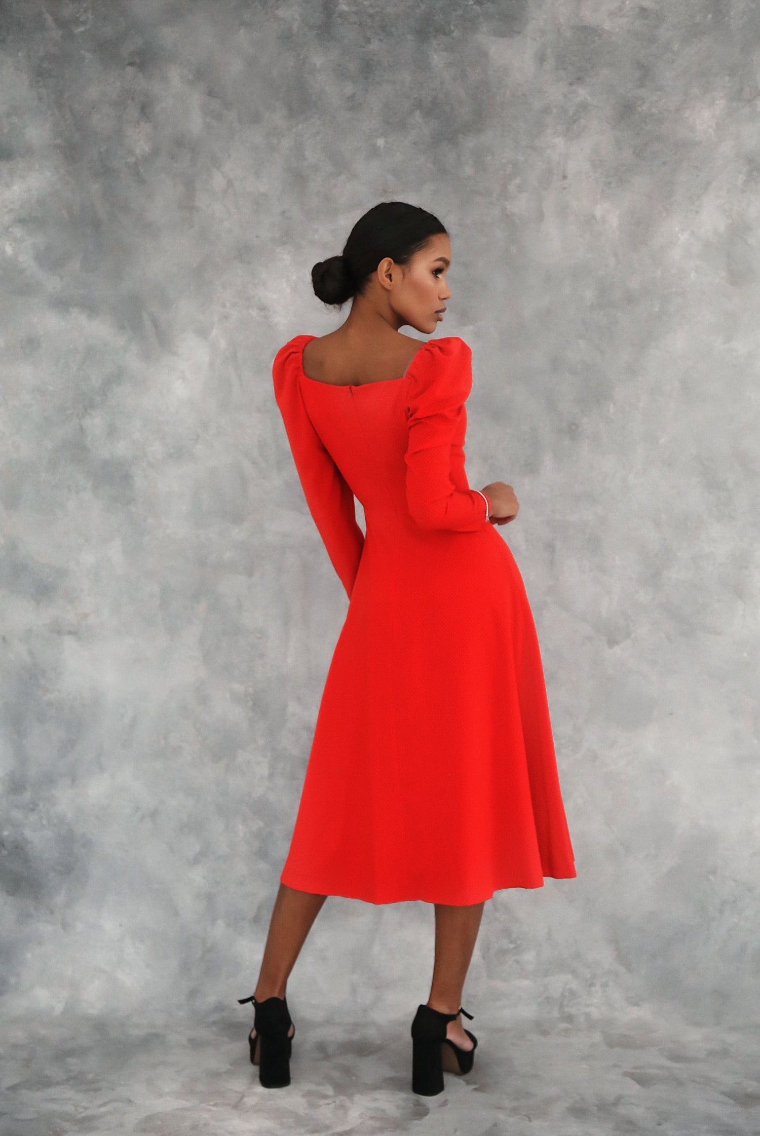 Polka Dot Midi Dress with Lantern Sleeves and Slit Red-baagr.myshopify.com-dress.-BOJONI