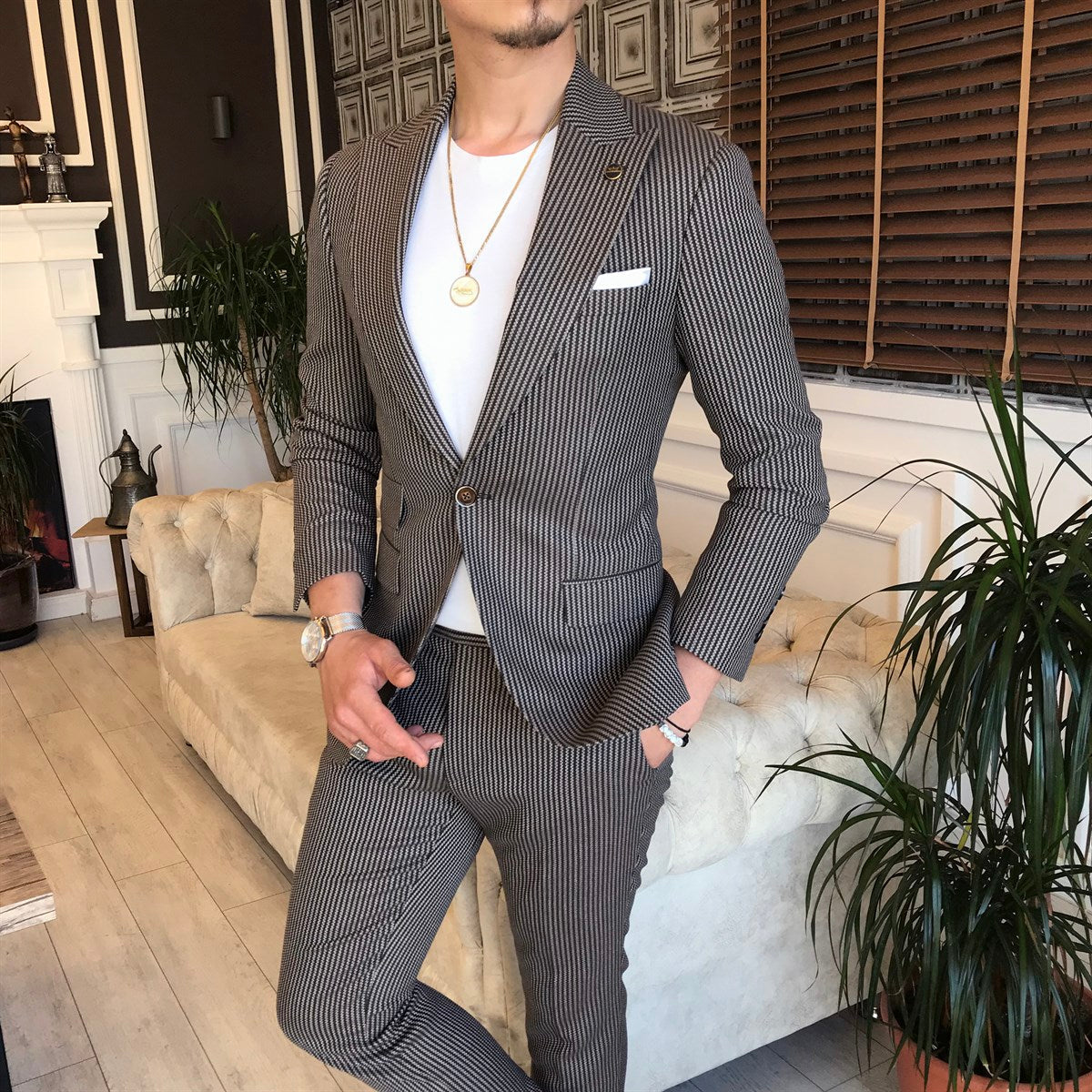 Bojoni Brown Striped Slim-Fit Suit 2-Piece