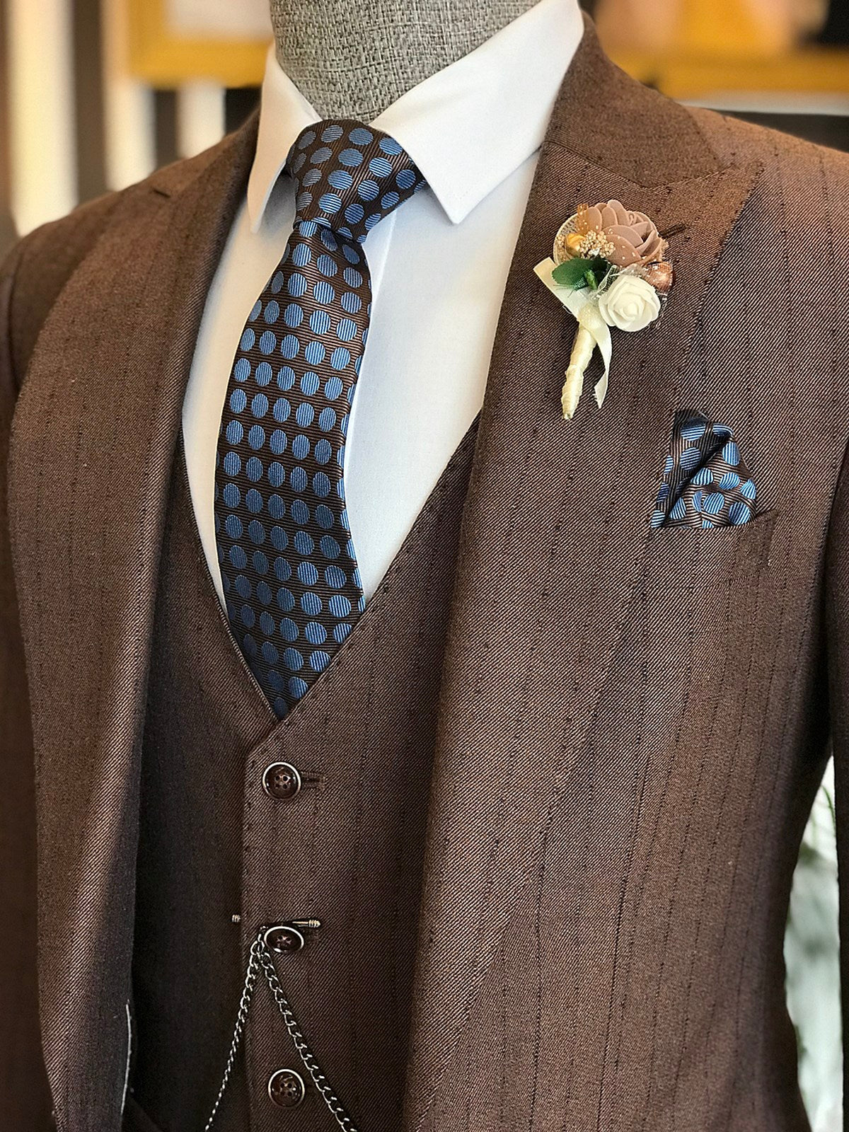 Bojoni Brown Striped Slim-Fit Suit 3-Piece