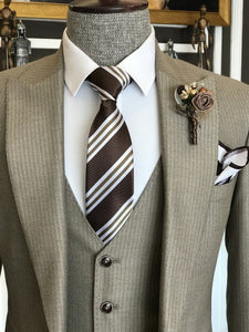 Bojoni Beige Striped Slim-Fit Suit 3-Piece