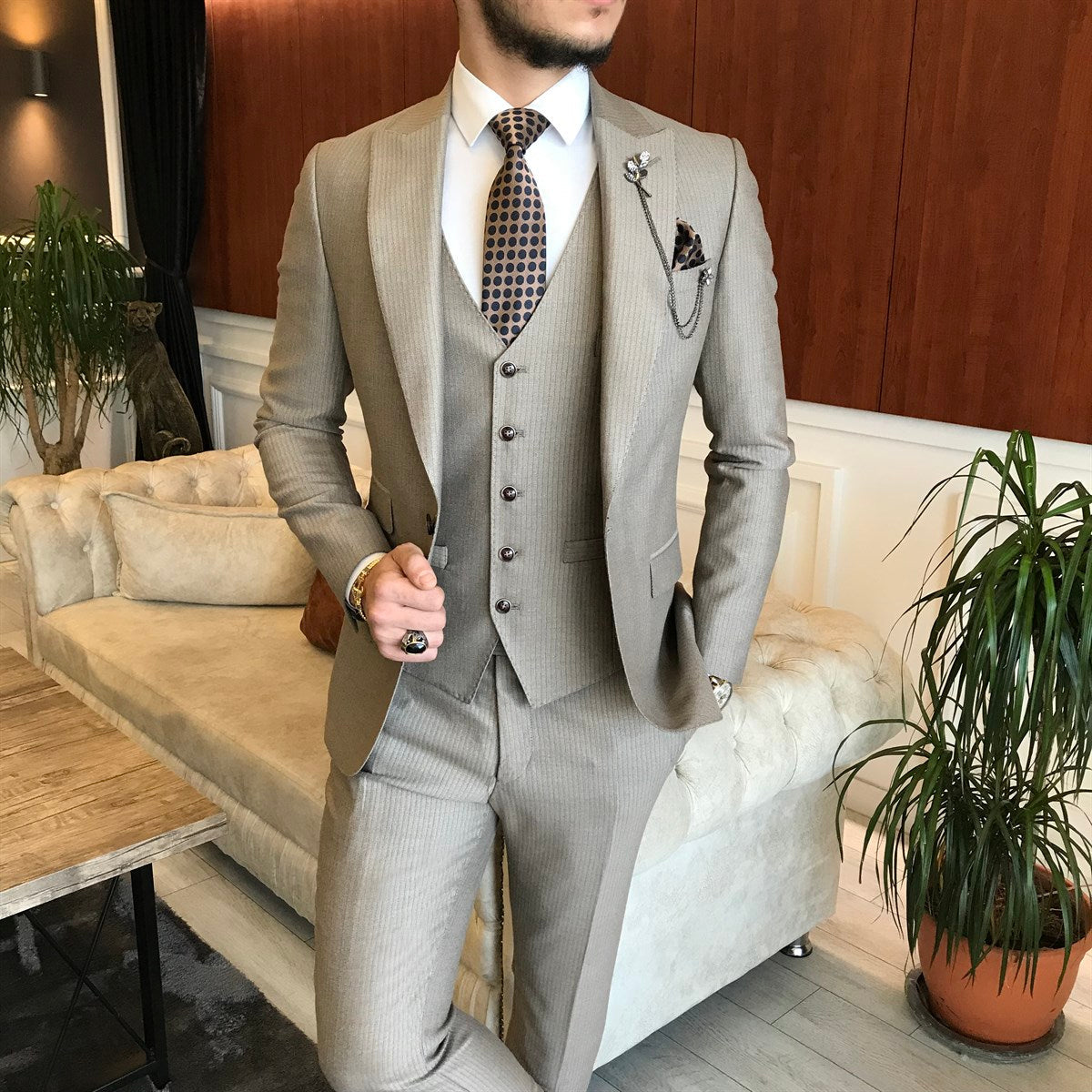 Bojoni Beige Striped Slim-Fit Suit 3-Piece