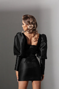 Viclans Taffeta Mini Black Dress with Lantern Sleeves