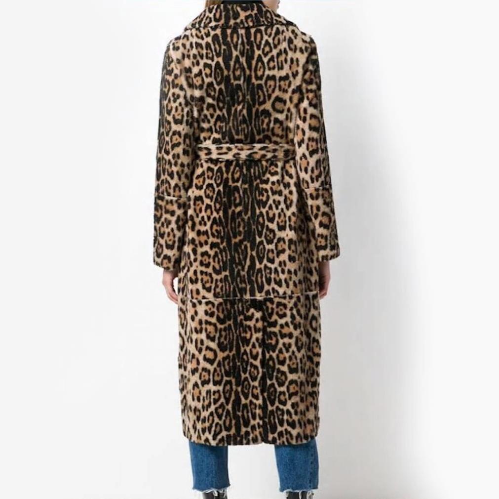 Womens Mid Length Faux Fur Leopard Print Overcoat with Waist Tie Belt