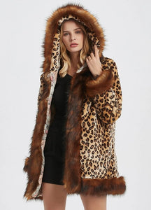 Womens Hooded Faux Fur Leopard Print Short Coat
