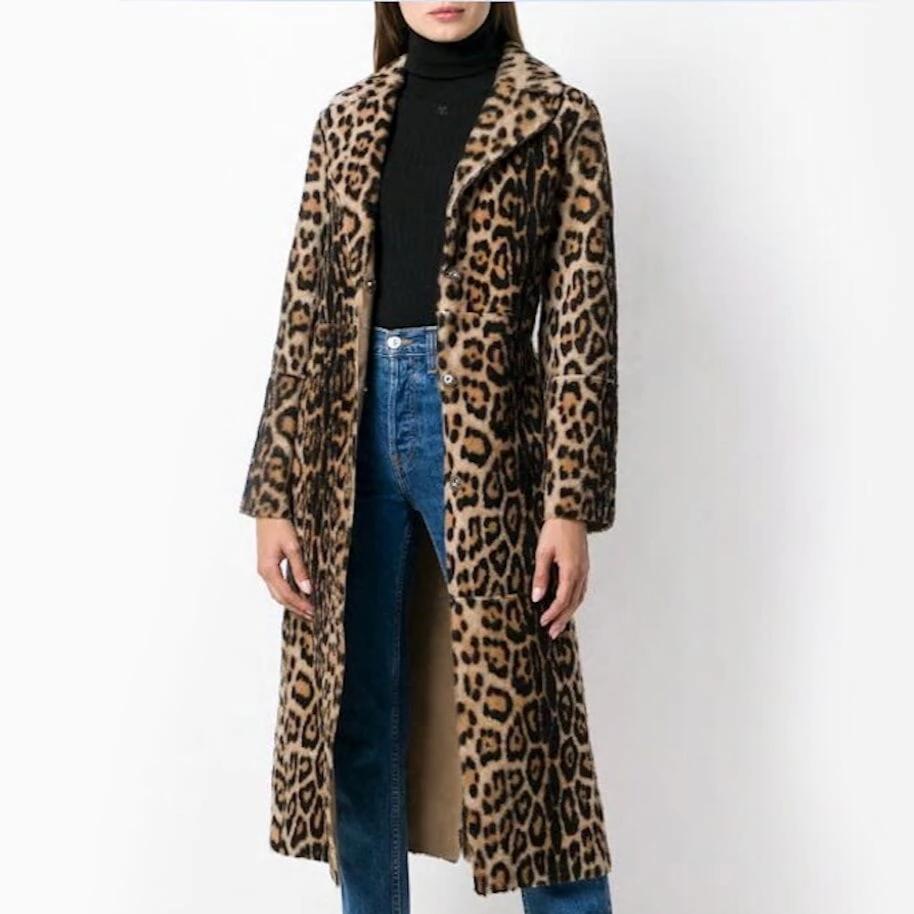 Womens Mid Length Faux Fur Leopard Print Overcoat with Waist Tie Belt