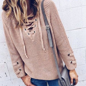 Womens Casual Street Style Lace Up Sweater