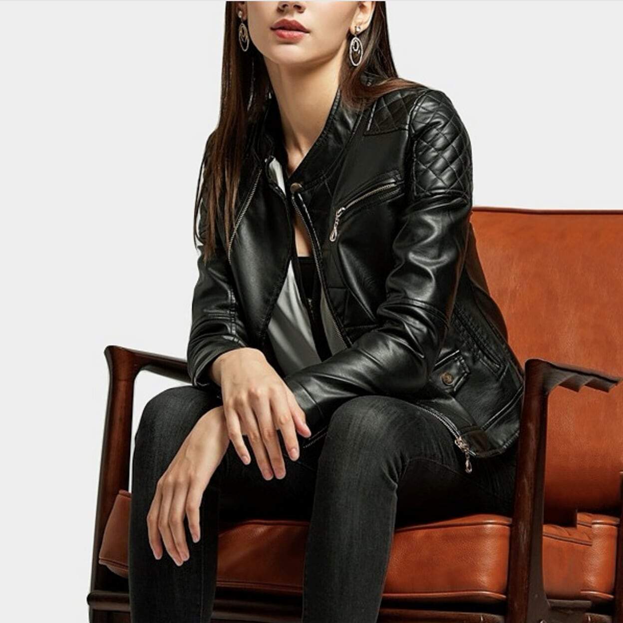 Womens Faux Leather Biker Jacket with Stiching