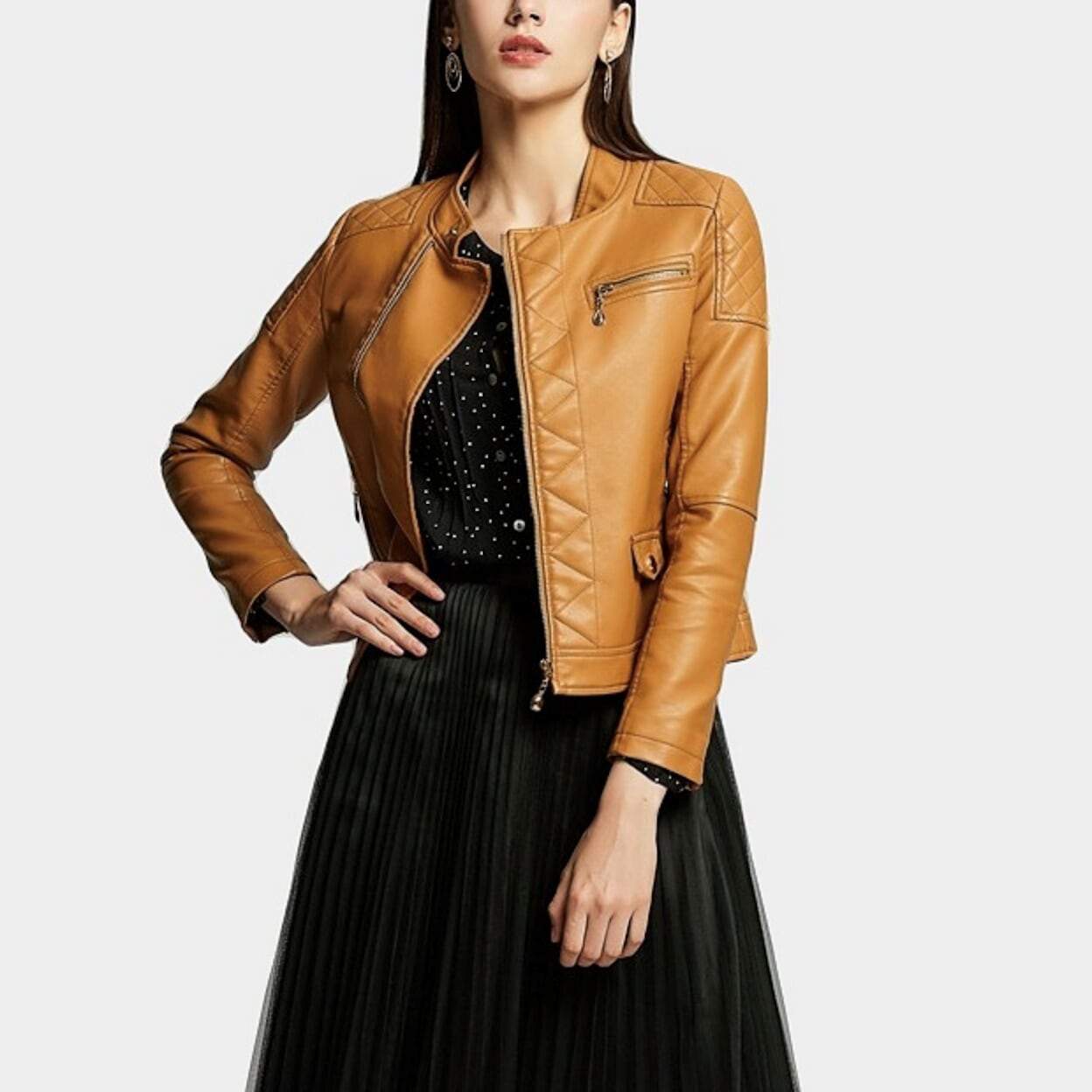 Womens Faux Leather Biker Jacket with Stiching