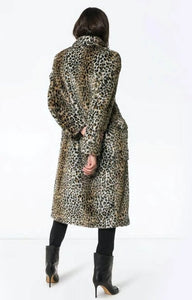 Womens Faux Fur Leopard Print  Overcoat with Pockets Design