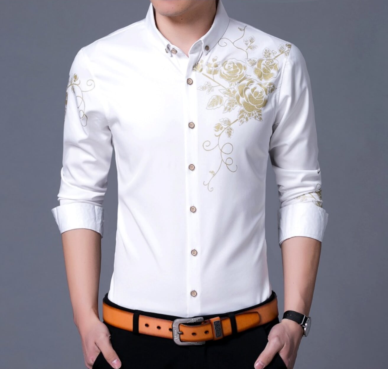 Mens Shirt With Floral Design on Front and Sleeve
