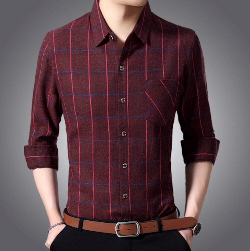 Mens Classic Slim Fit Long Sleeve Plaid Shirt