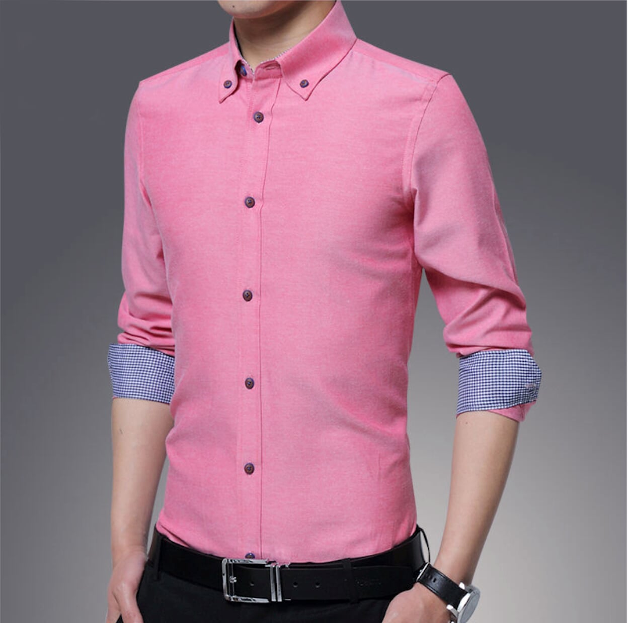 Mens Long Sleeve Shirt with Inner Plaid