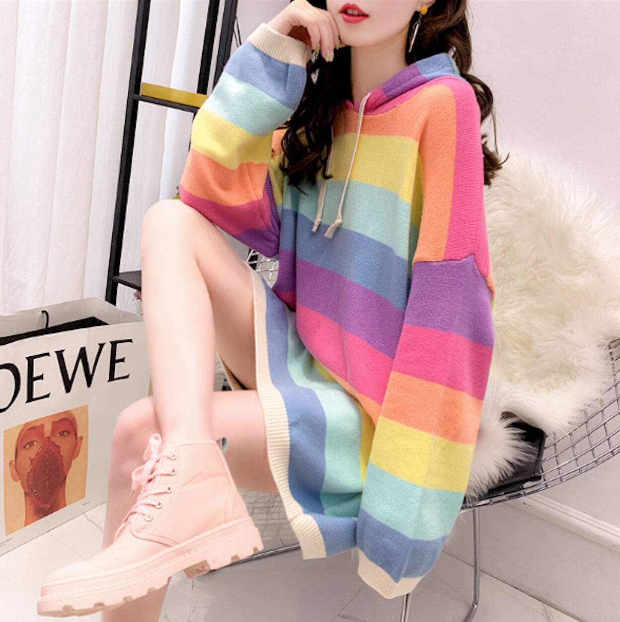 Womens Multi Color Striped Hooded  Sweater