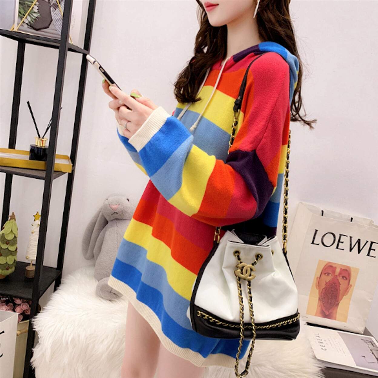 Womens Multi Color Striped Hooded  Sweater