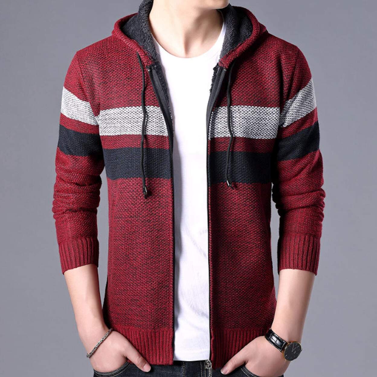 Mens Hooded Double Striped Cardigan