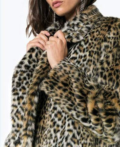 Womens Faux Fur Leopard Print  Overcoat with Pockets Design