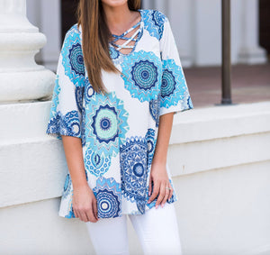 Womens Print V Neck Top with Criss Cross Details