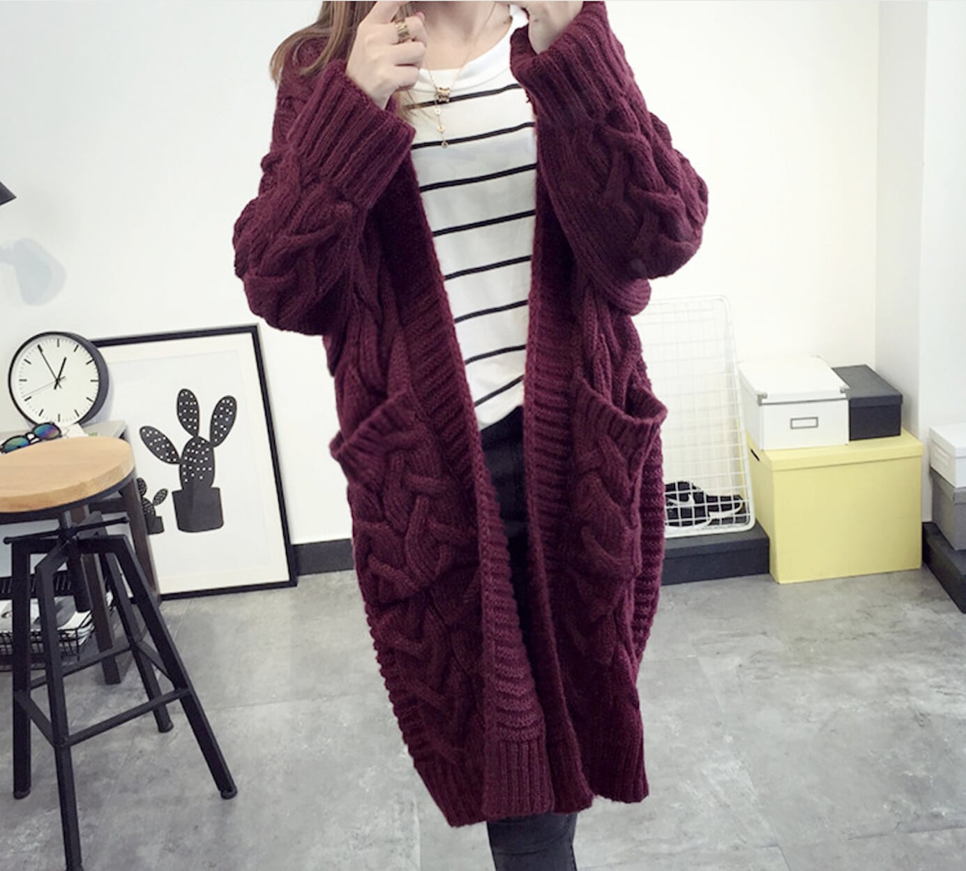 Womens Cable Knit Long Cardigan