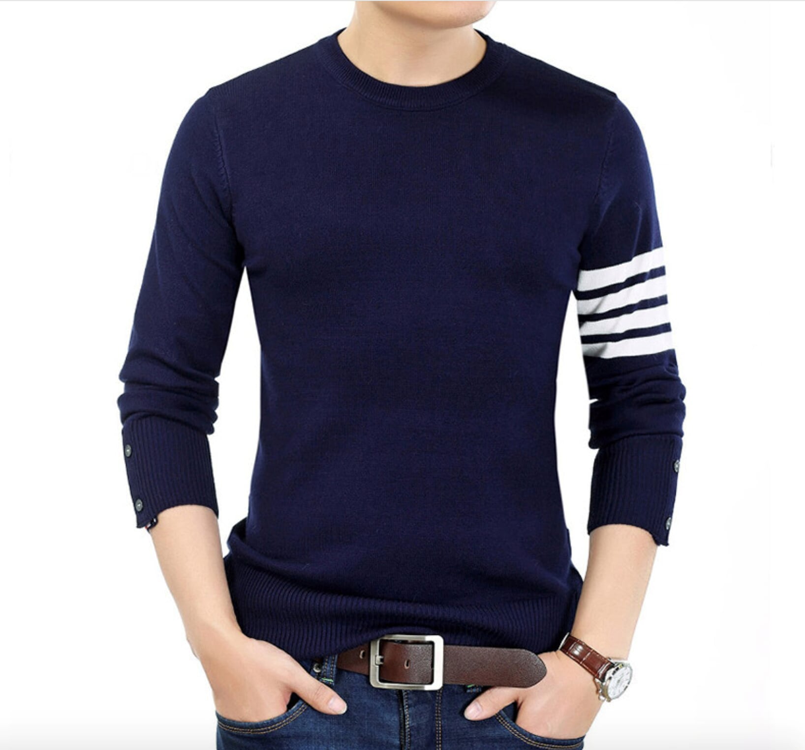 Mens Round Neck Sweater with Stripes