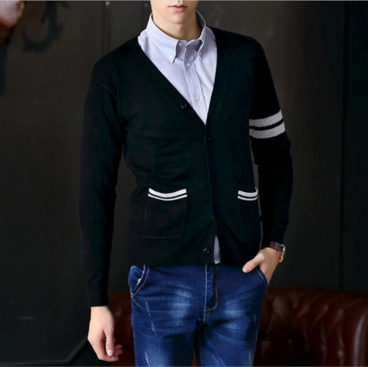 Mens Button Down Cardigan with Stripes