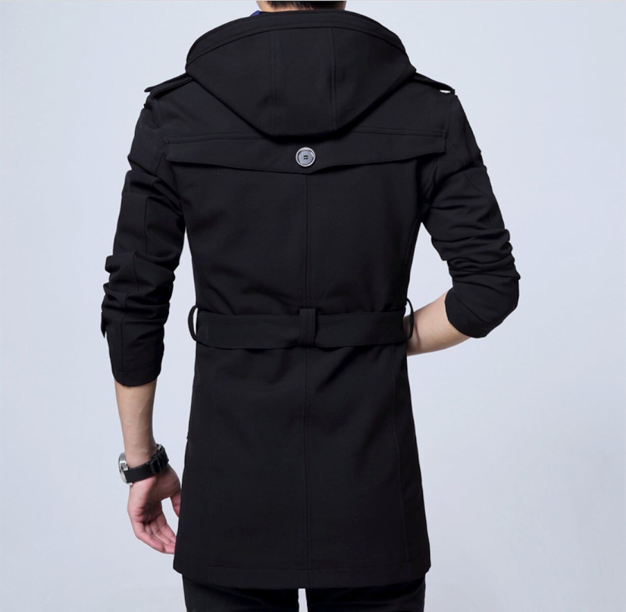 Mens Front Zip Trench Coat with Detachable Hood