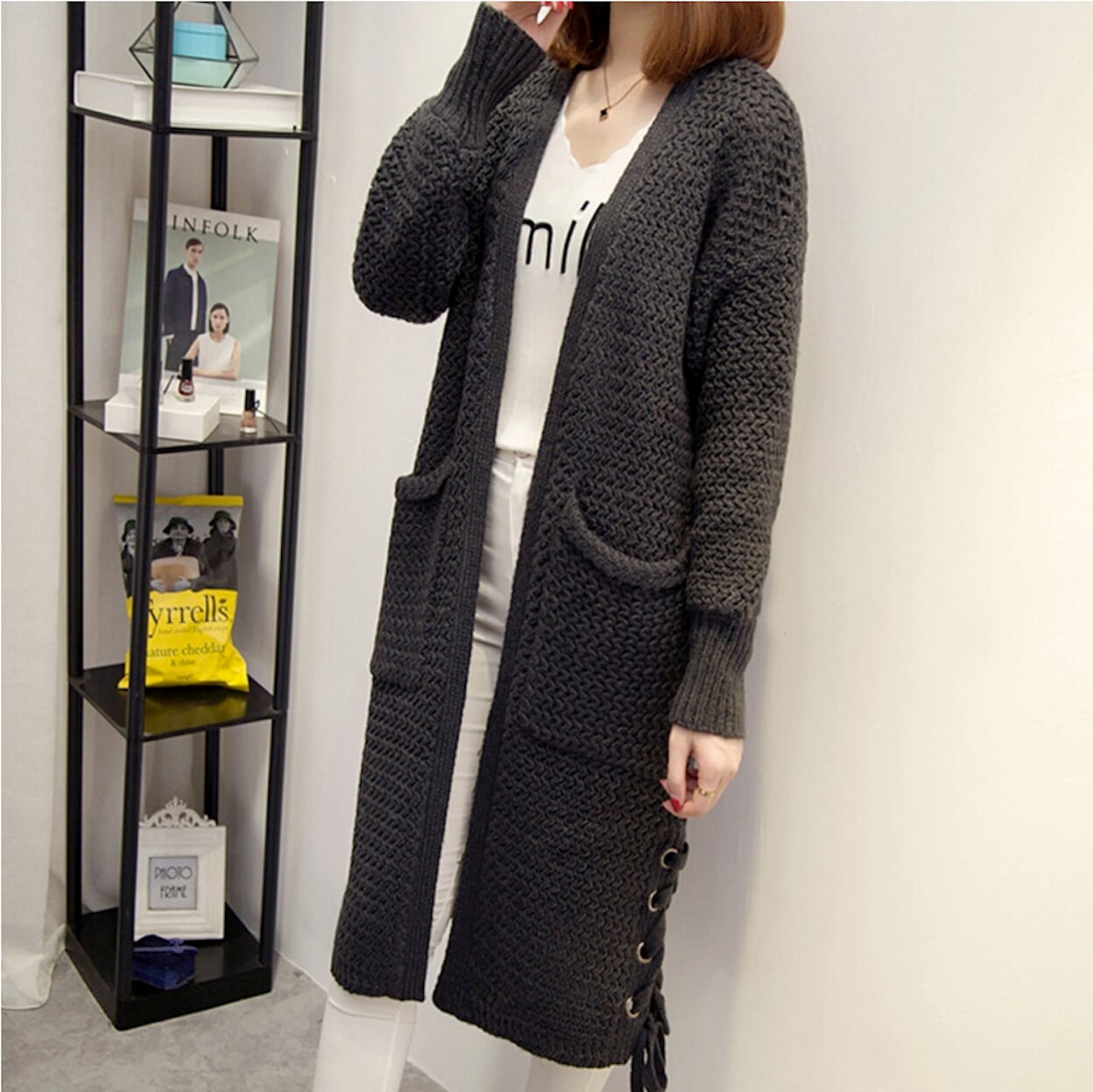 Womens Lace Up Long Cardigan
