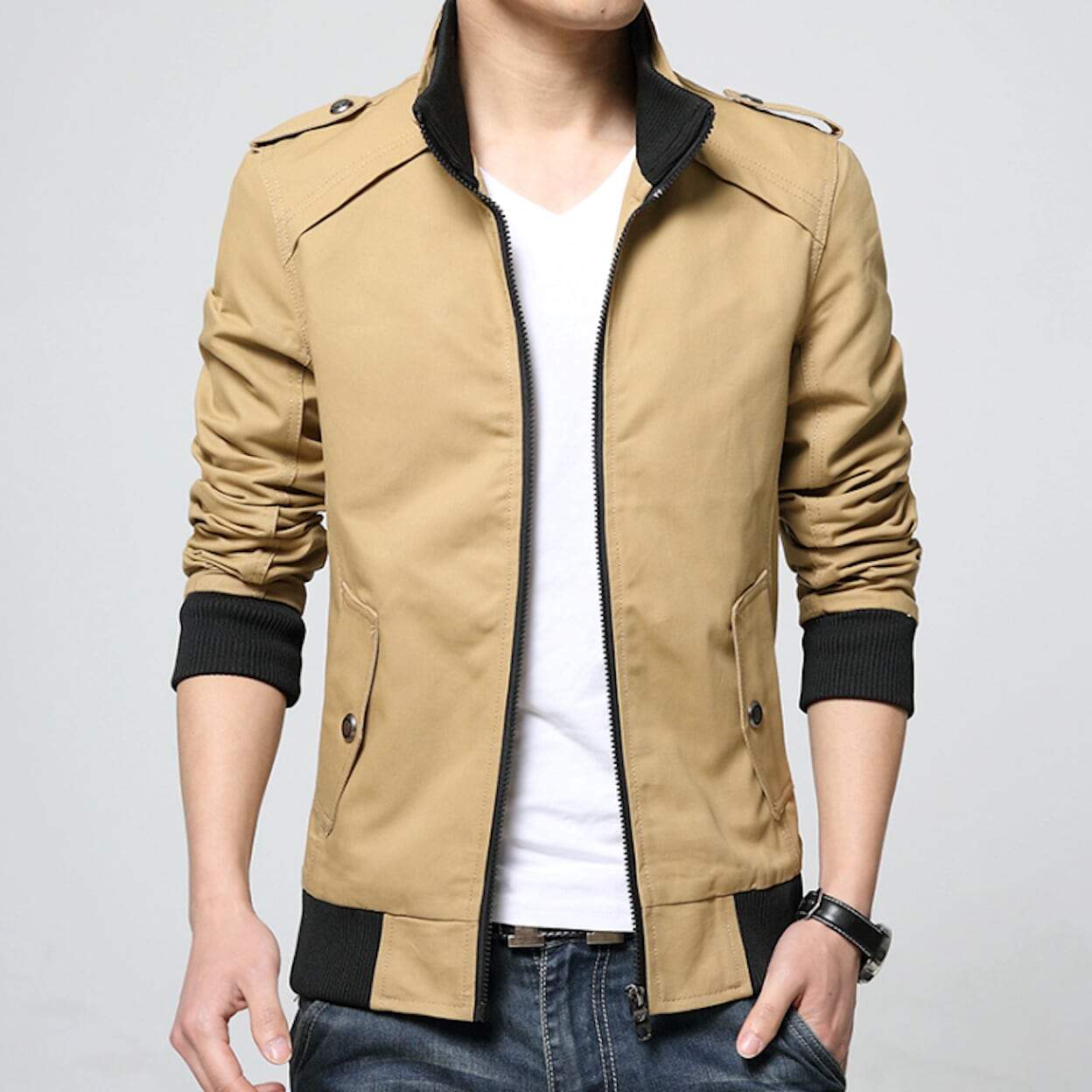 Mens Classic Stand Collar Zipped Up Jacket