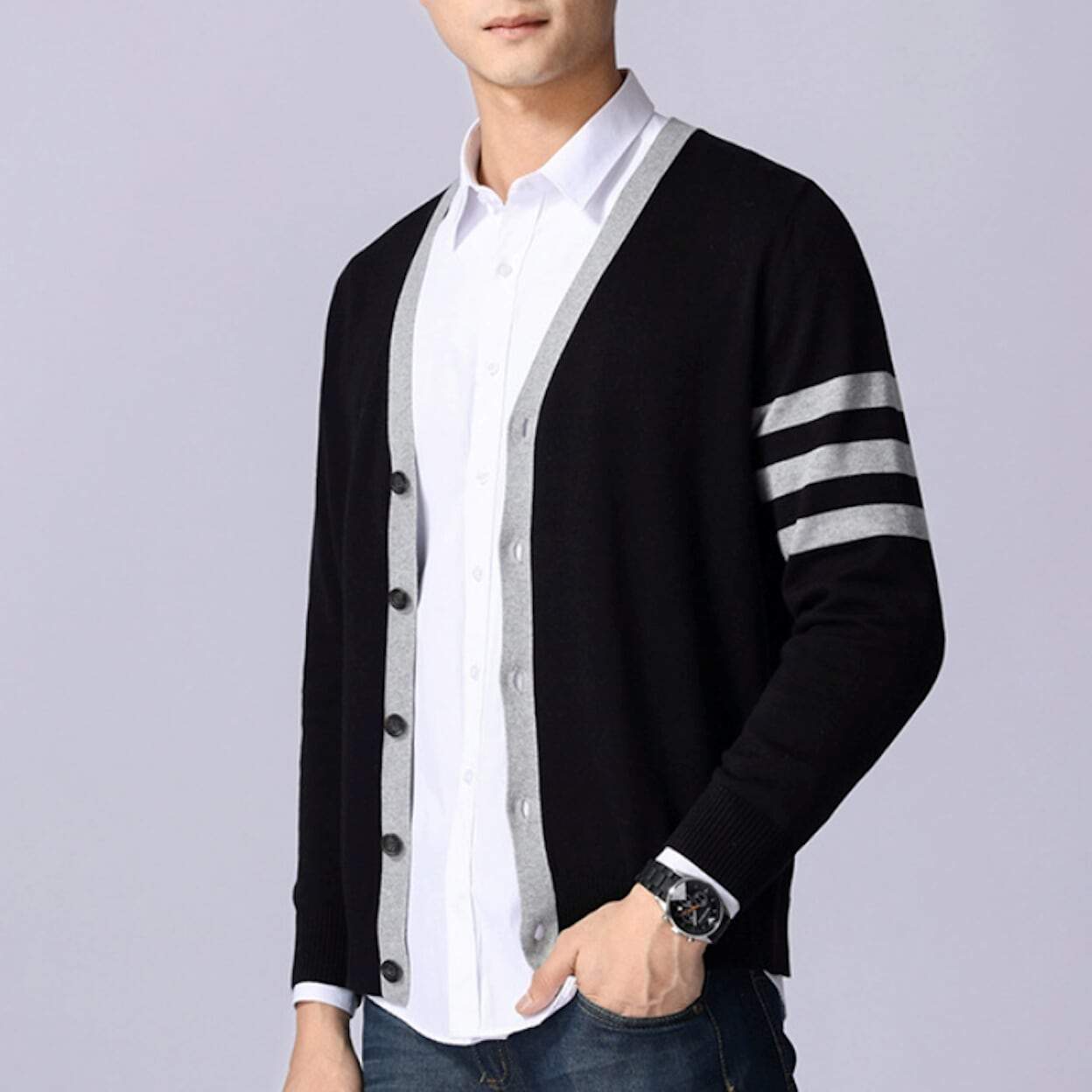 Mens Button Front Cardigan with Sleeve Details