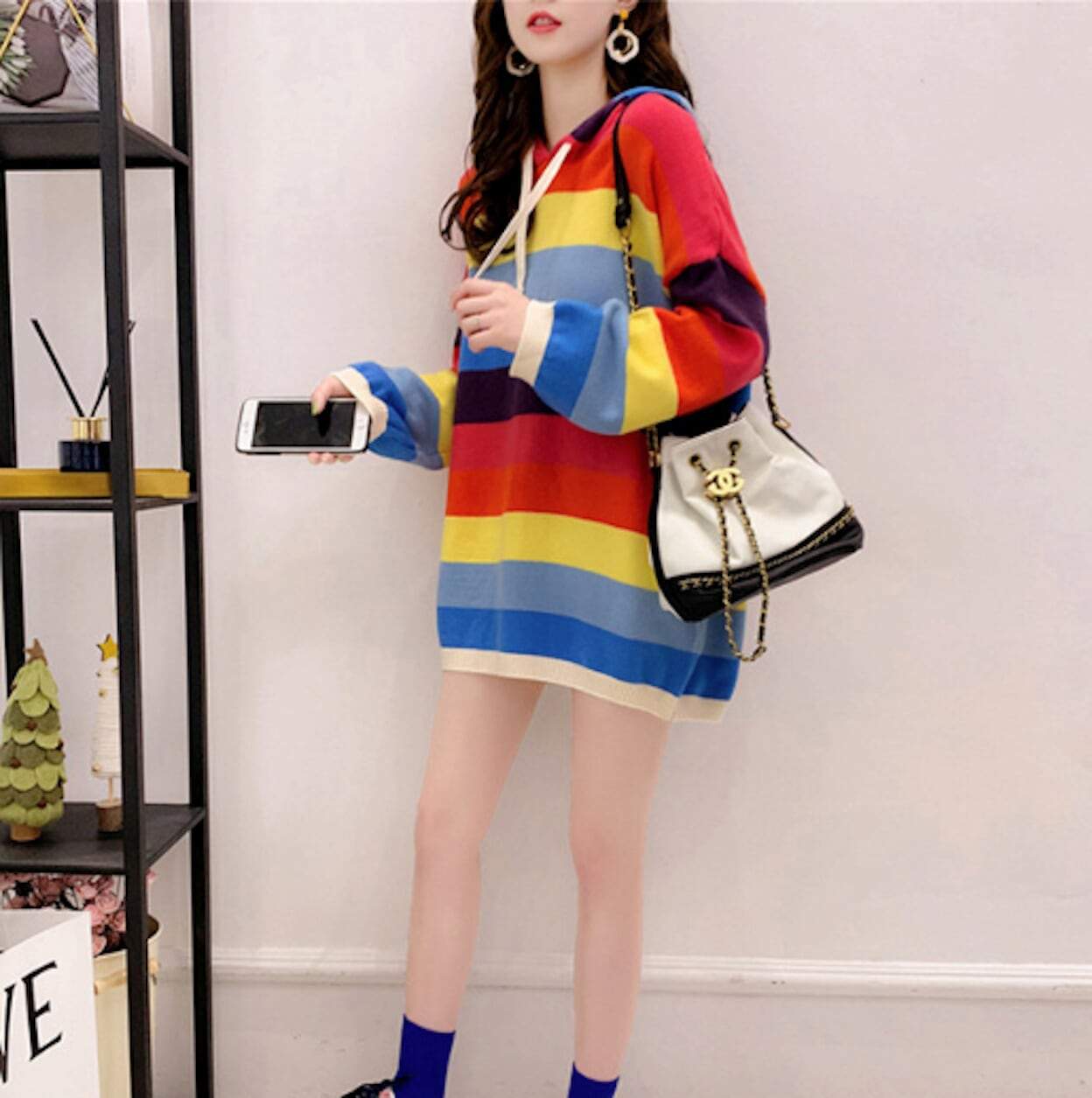 Womens Multi Color Striped Hooded  Sweater