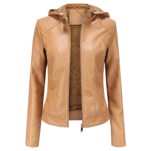Faux Leather Hooded Jacket with Warm Lining