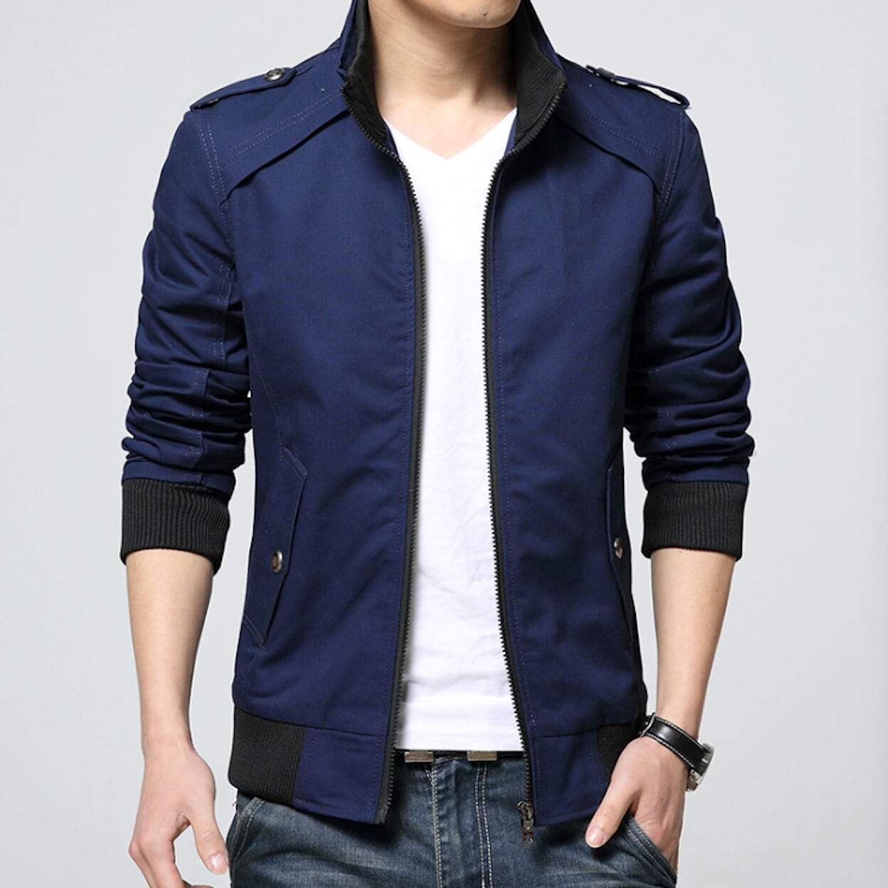 Mens Classic Stand Collar Zipped Up Jacket