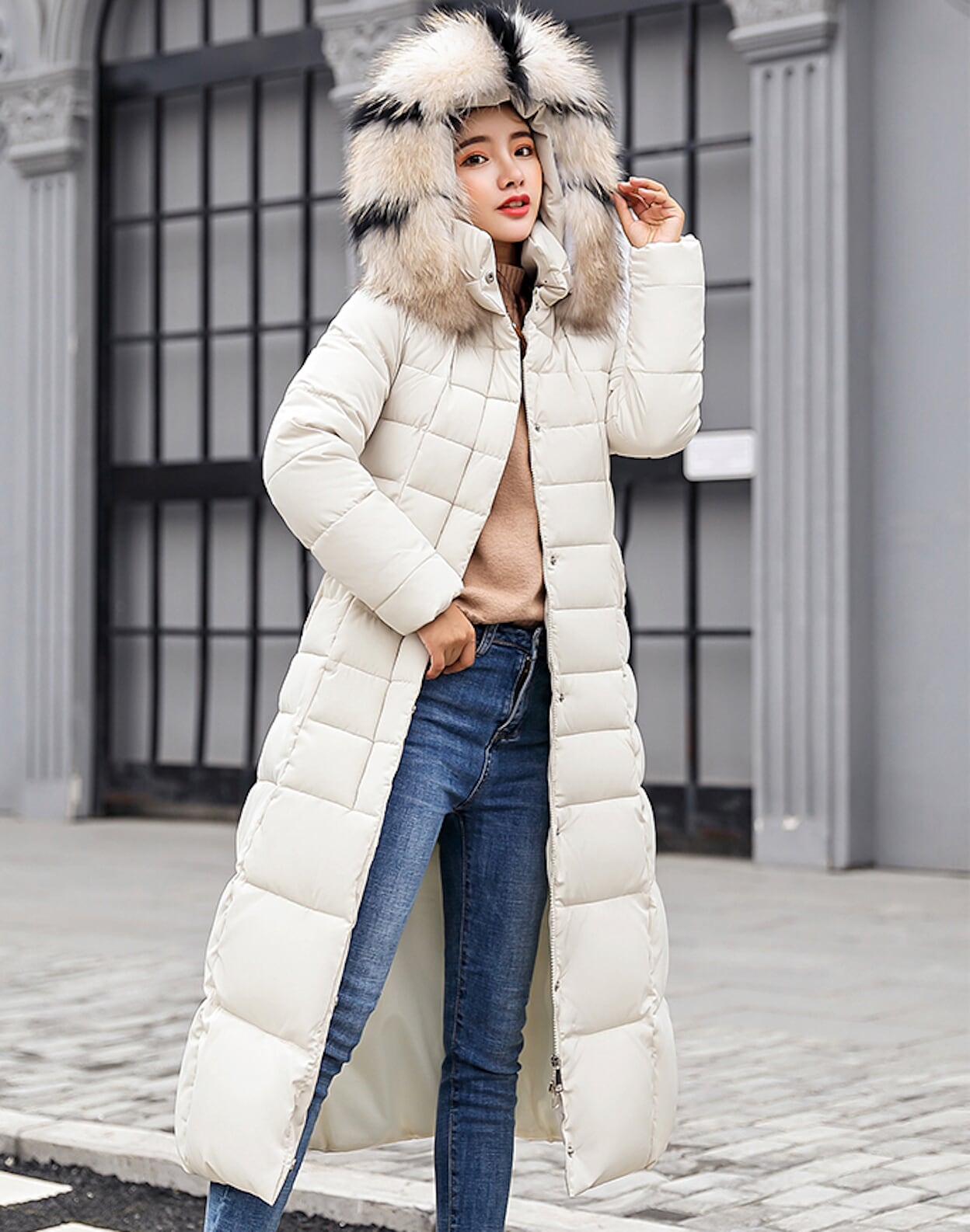 Womens Hooded Long Puffer Coat with Removable Faux Fur