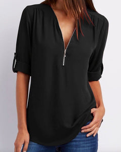 Womens Pink  V Neck Zipper Blouse