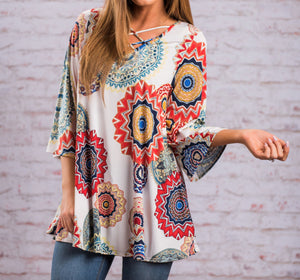 Womens Print V Neck Top with Criss Cross Details