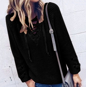 Womens Casual Street Style Lace Up Sweater