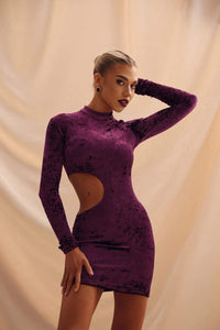 Viclans Stand-Up Collar Velvet Purple Dress with Side Cut